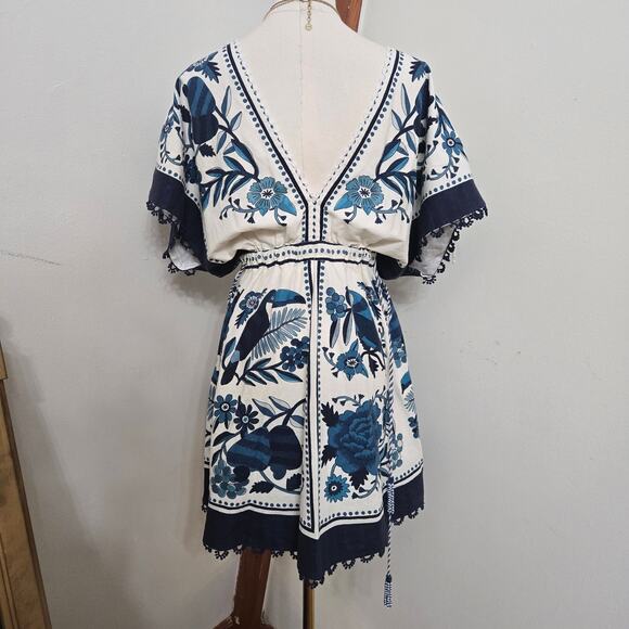 Farm Rio Tropical Tiles Mini Dress M Beaded Tassels Beachy Boho Cottage Hippie - Picture 5 of 12